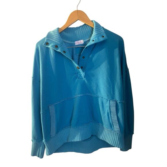 Pink Lily Blue Collared Pullover‎ Cotton Sweatshirt Beach Large Raw Hem - Picture 1 of 5